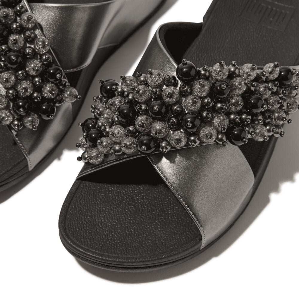 Fitflop Lulu Bauble-Bead Cross Slides Pewter Black