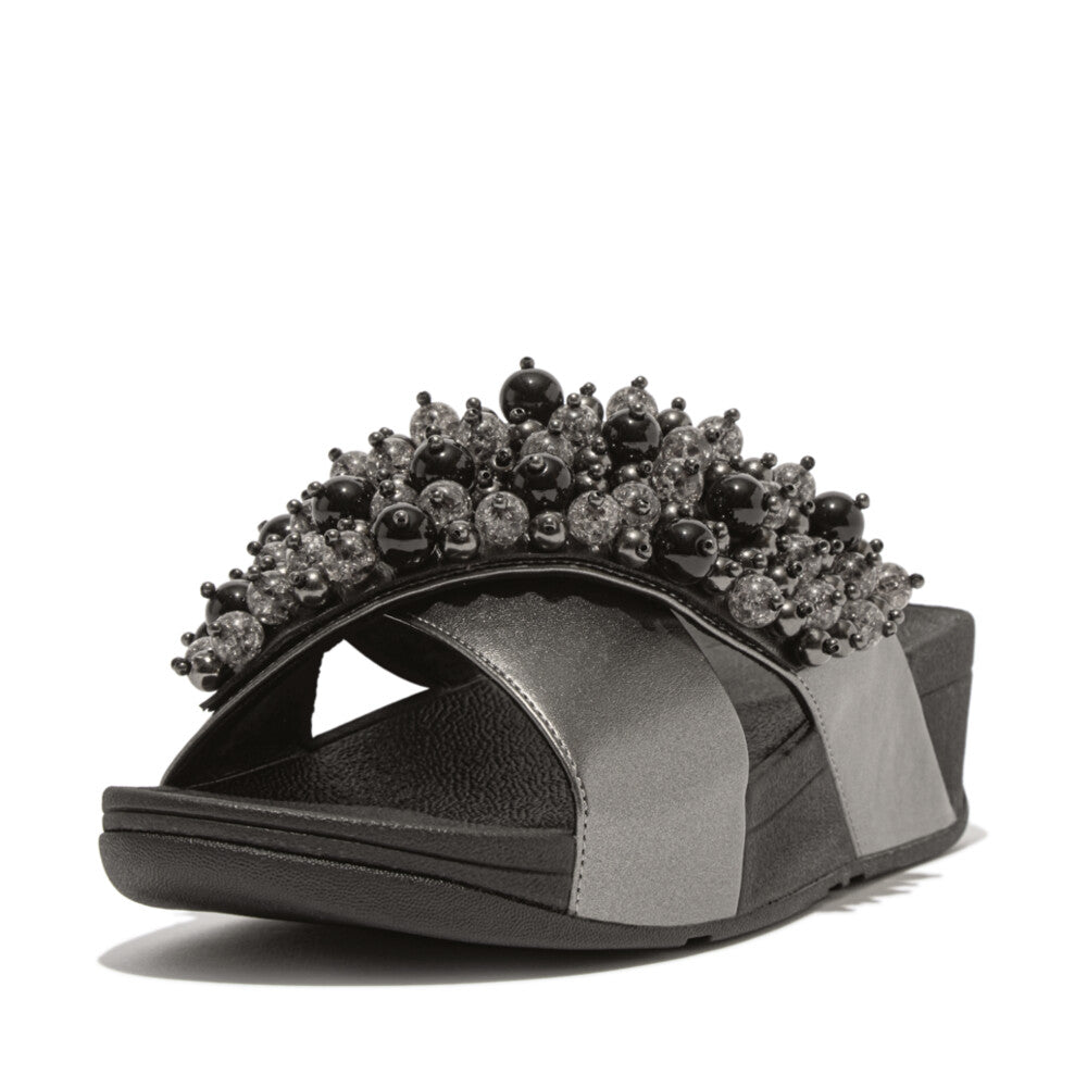 Fitflop Lulu Bauble-Bead Cross Slides Pewter Black