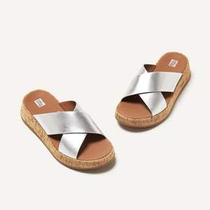 Fitflop F-Mode Metallic Cork Cross Slides Silver