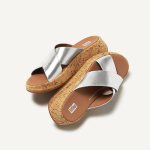 Fitflop F-Mode Metallic Cork Cross Slides Silver