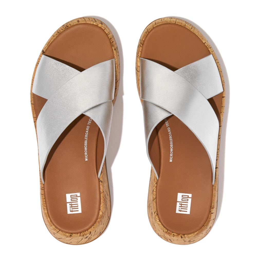 Fitflop F-Mode Metallic Cork Cross Slides Silver